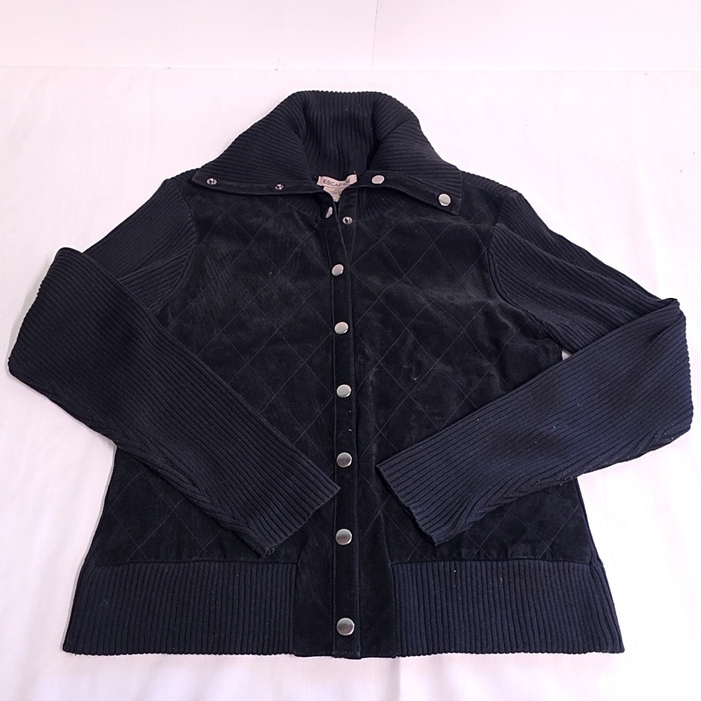 Escapade Jacket Women M Black Quilted Suede Front Ribbed Knit Snap Cardigan